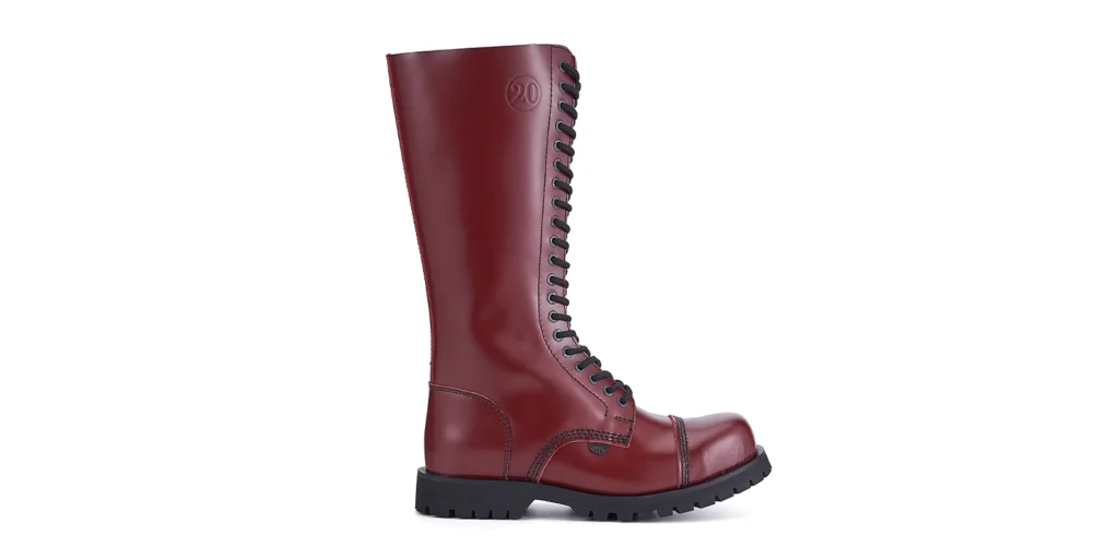 20 EYELET CHERRY RED LEATHER BOOTS single sole cherry leather underground gripper 20 eyelet steel toe cap boot