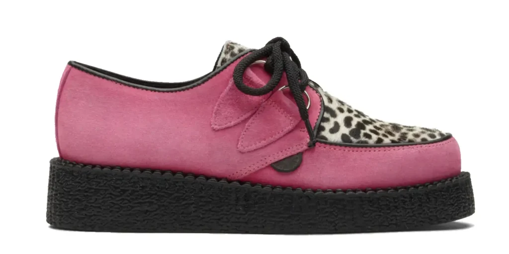 Creepers Leopard Shoes single sole pink suede with a black and white leopard print front apron underground wulfrun creeper made in uk