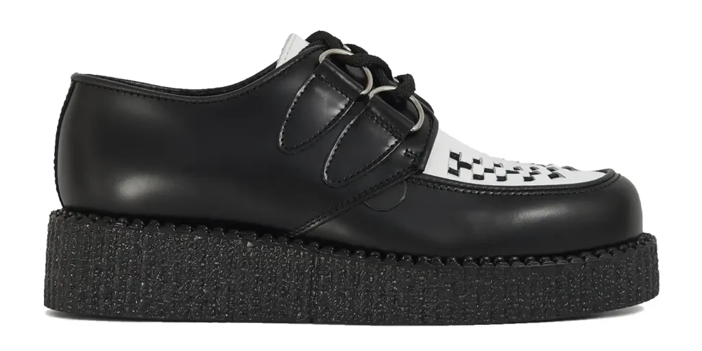 british creepers shoes single sole black leather with a white leather front apron underground wulfrun creeper made in uk