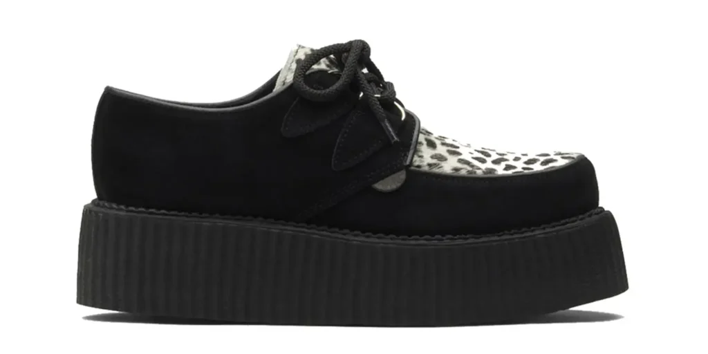double sole black suede with a black and white leopard print front apron underground wulfrun creeper made in uk