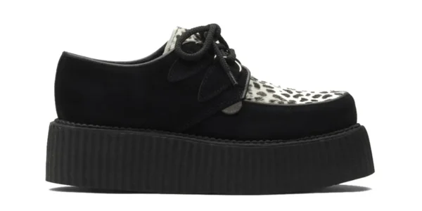 double sole black suede with a black and white leopard print front apron underground wulfrun creeper made in uk