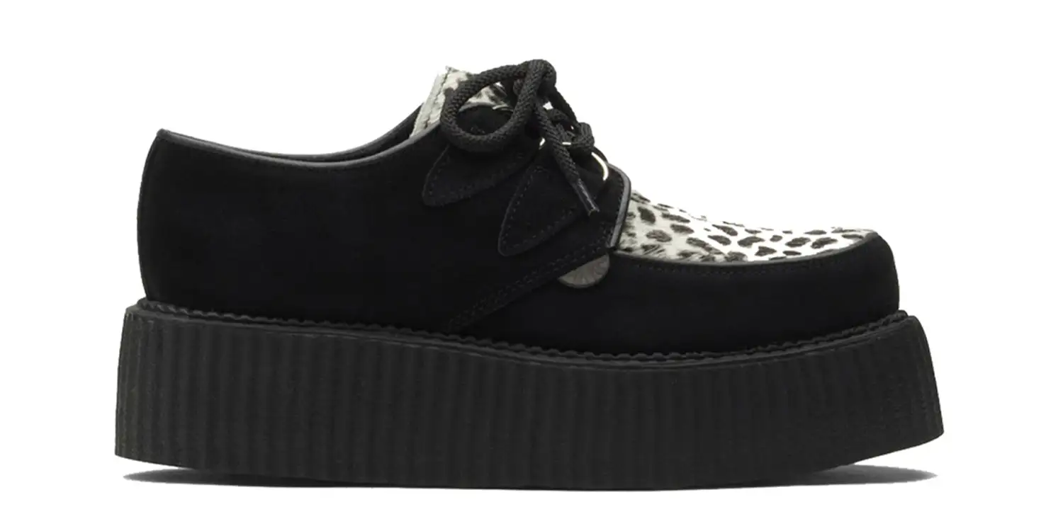 double sole black suede with a black and white leopard print front apron underground wulfrun creeper made in uk