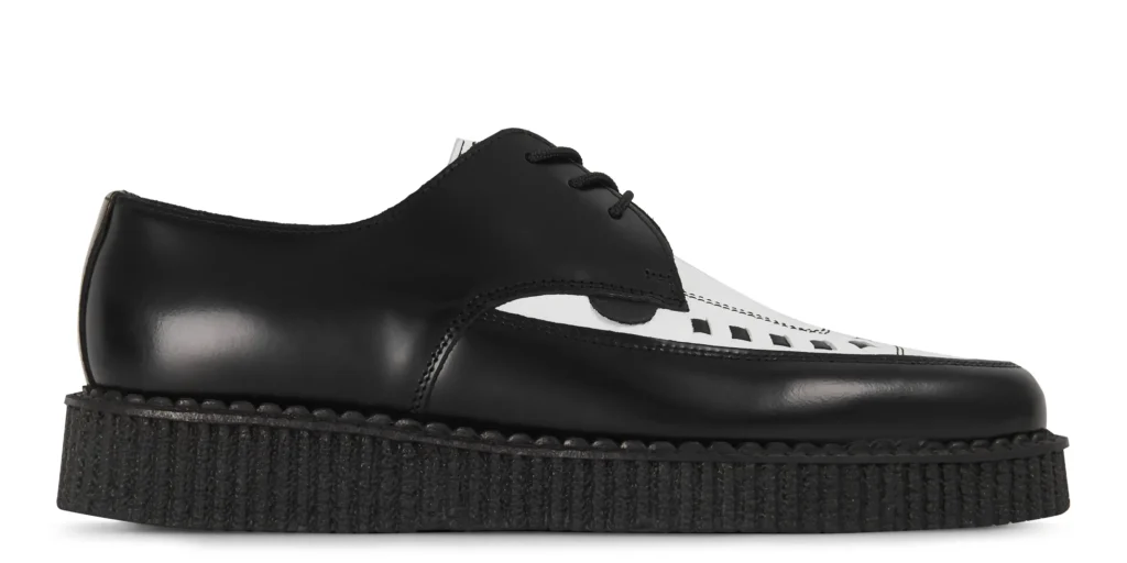 Black and White Leather Tie Creepers single sole black leather with a white leather front apron underground barfly lace creeper made in uk