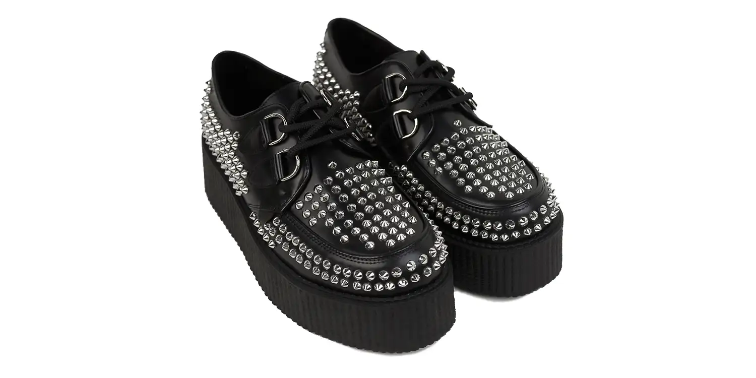 black leather with metal studs covering the shoe double sole wulfrun creeper shoe by underground
